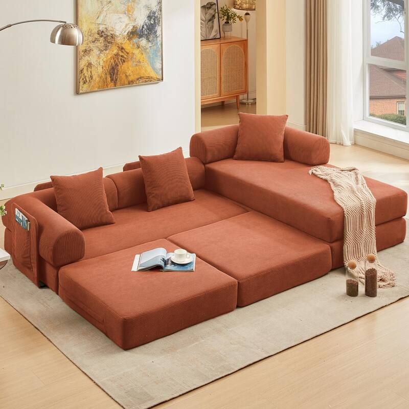 107" Orange Corduroy Modular Sectional Sofa Bed, 7-in-1, No Assembly