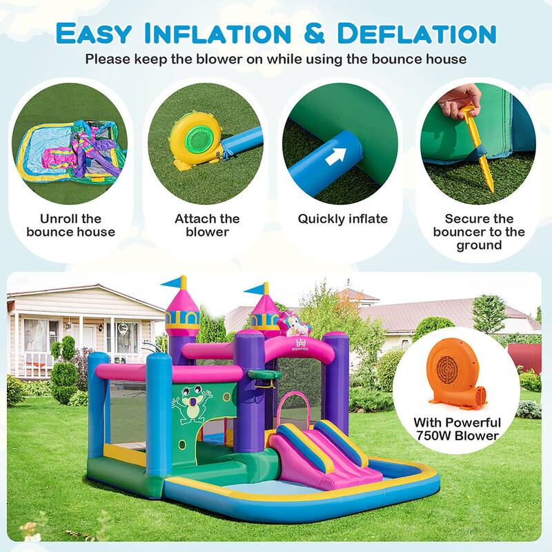 Gymax 6-in-1 Kids Inflatable Bounce House w/ 680W Blower Jumping Area