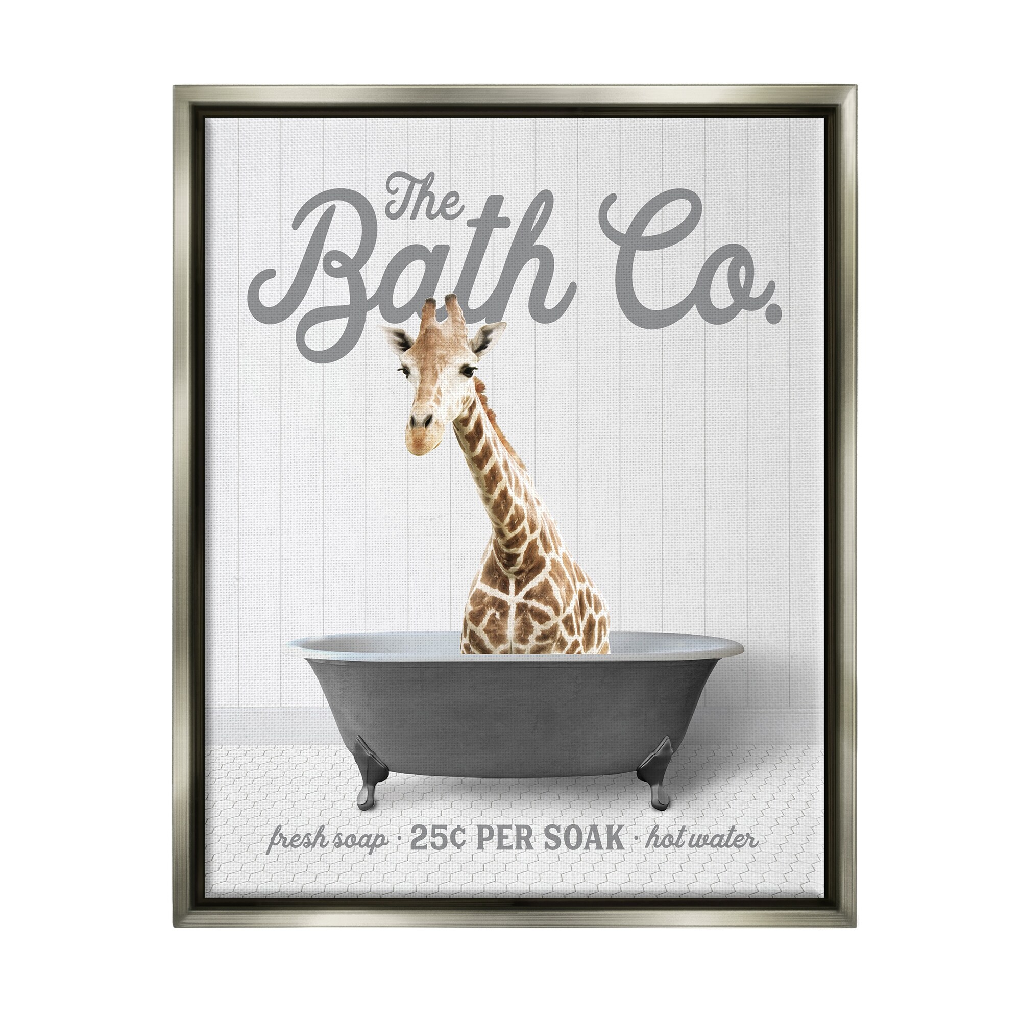 Stupell Giraffe Bathroom Tub Framed Floater Canvas Wall Art Design by Lettered and Lined