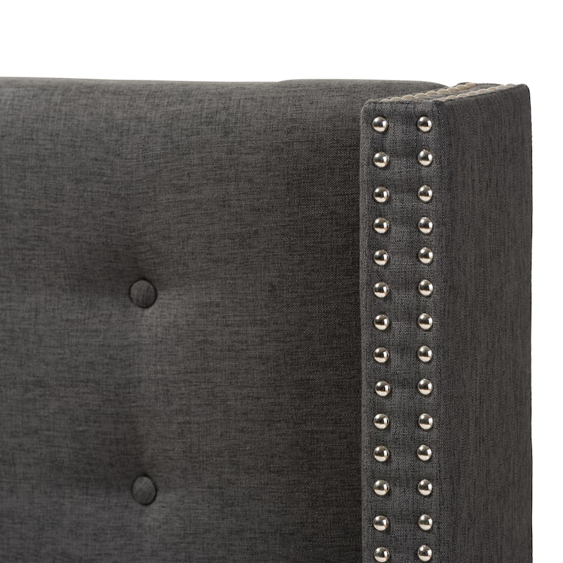 Modern Dark Grey Fabric Winged Headboard King Size with Button Tufting and Nailhead Trim, Adjustable Mount
