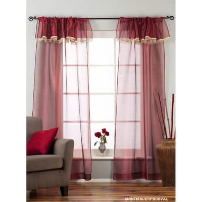 Maroon-Rod Pocket Sheer Tissue Curtain with Beaded Valance Panel Drape-Piece