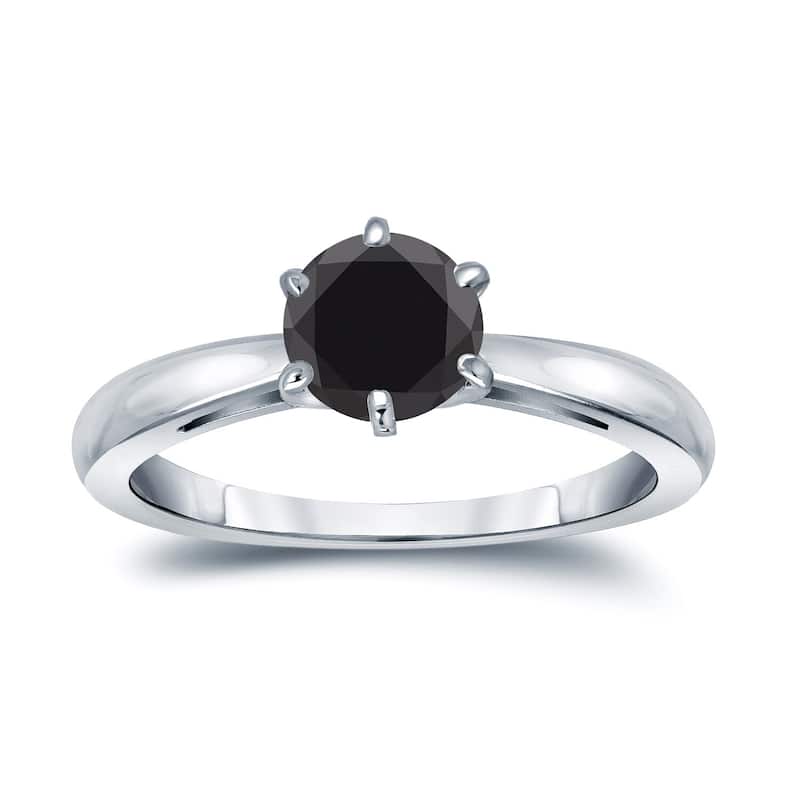 Auriya 14k Gold 1 carat TW Round Solitaire Black Diamond Engagement Ring 6-Prong - White - 4