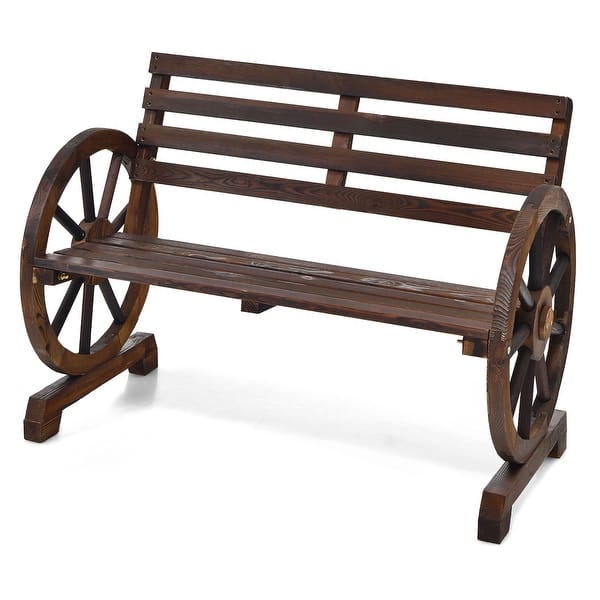 slide 2 of 10, Costway Outdoor Wooden Wagon Wheel Garden Bench 2-Person Slatted Seat - See Details Brown