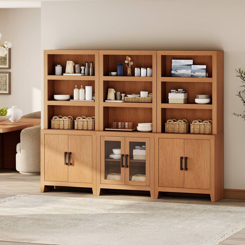 WAMPAT Tall Bookshelf with Doors, Farmhouse Bookcase with Open Shelves for Living Room & Home Office
