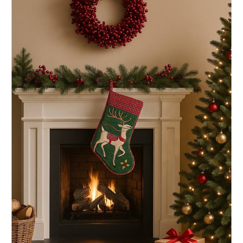 20" Reindeer Wonderland Quilted with Plaid Cuff Hanging Large Christmas Stocking