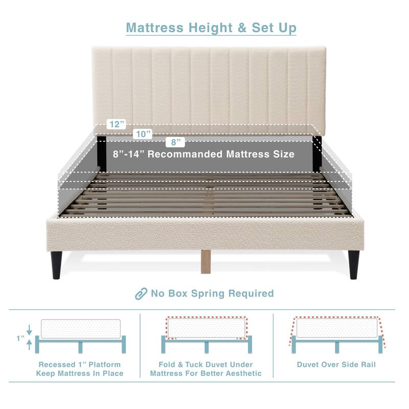 Cream White Upholstered Queen Platform Bed Frame