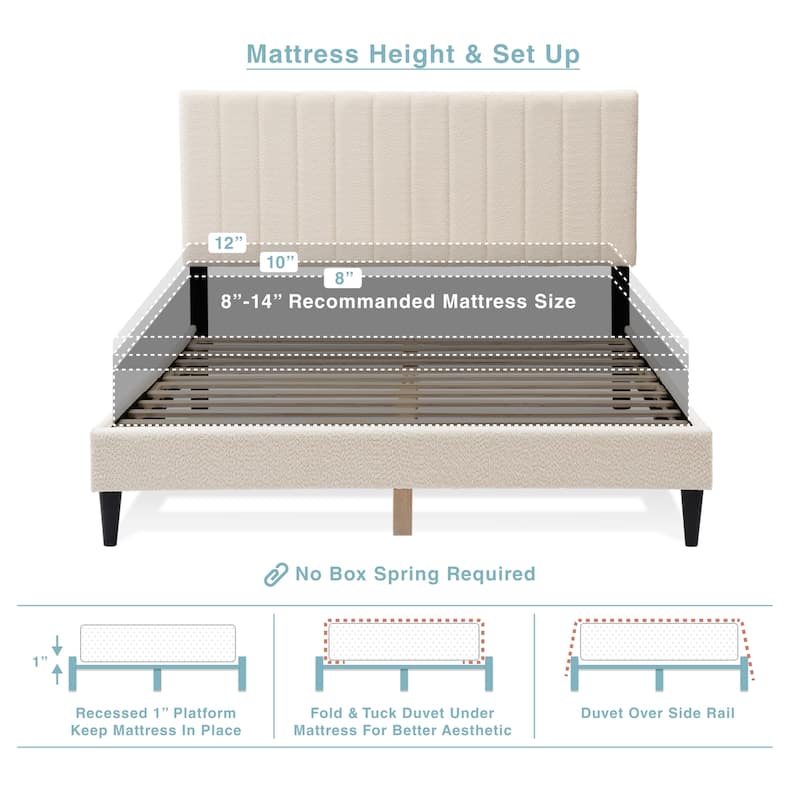 Queen Upholstered Platform Bed with Tufted Headboard, Mid-Century Modern Design, Boucle Fabric, No Box Spring Needed