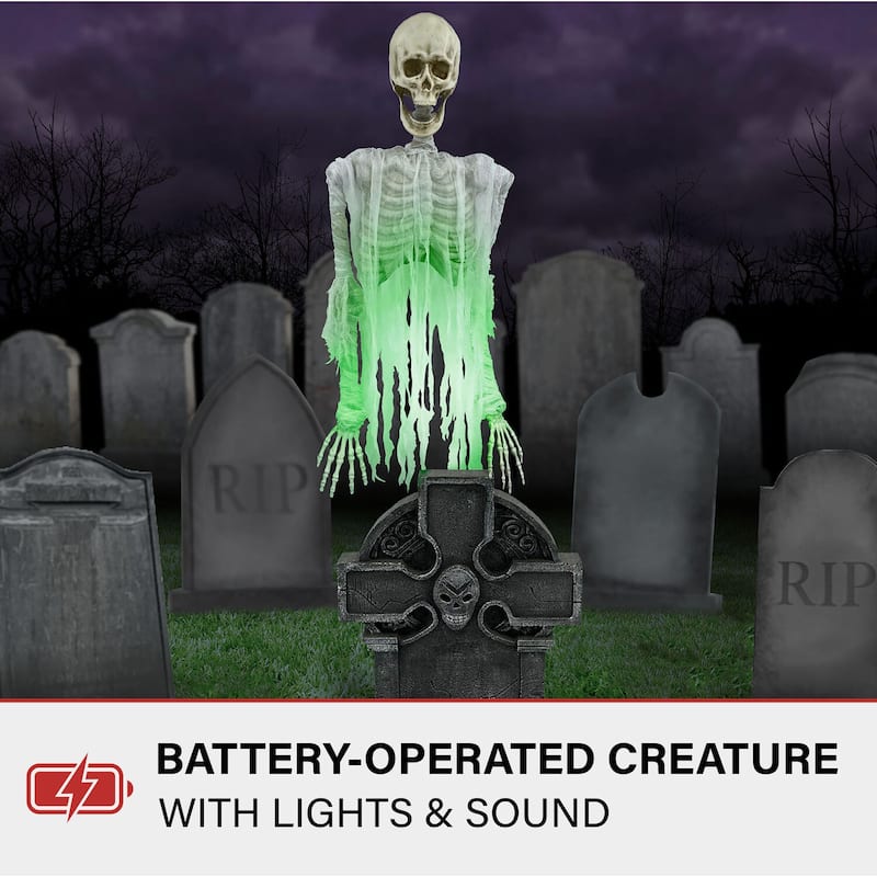 Haunted Hill Farm Floating Skeleton Ghost Over Tombstone by Tekky, Indoor or Covered Outdoor Premium Halloween Animatronic