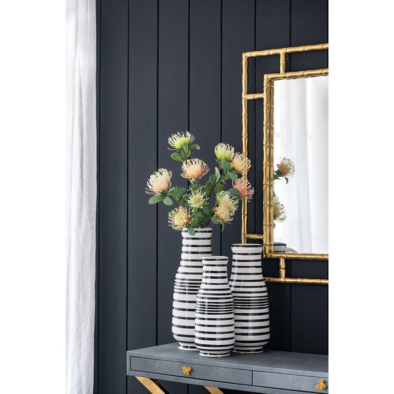 Hand Painted Horizontal Striped Accent Ceramic Vase 18" Black White