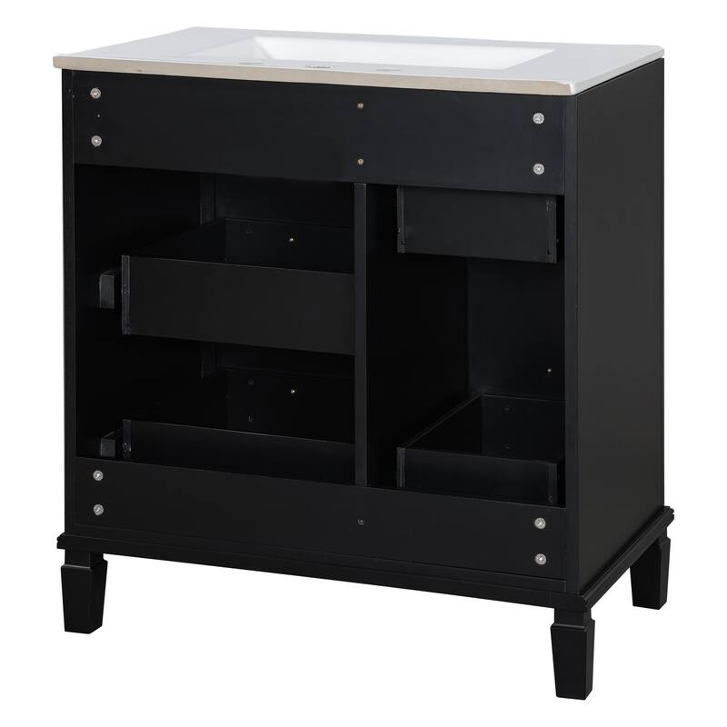 Freestanding Bathroom Vanity with Drop-In Rectangular Ceramic Sink, Flip-Out Drawer, Soft-Close Drawers and Solid Wood Legs