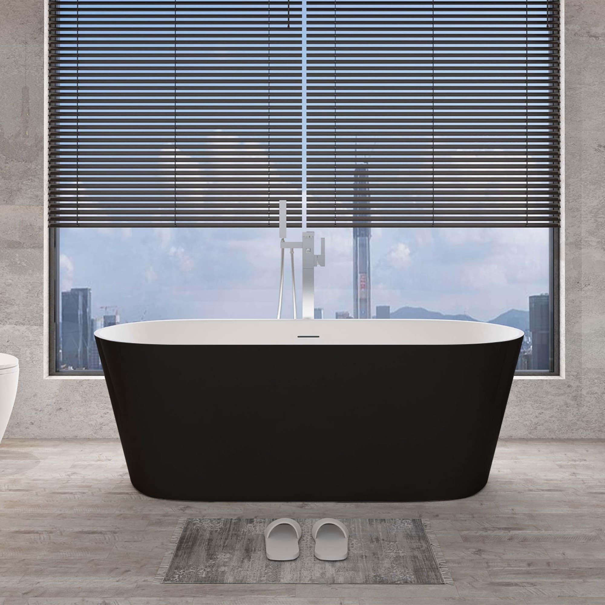 Freestanding Oval Matte Black Acrylic Soaking Tub with Center Drain, Linear Overflow