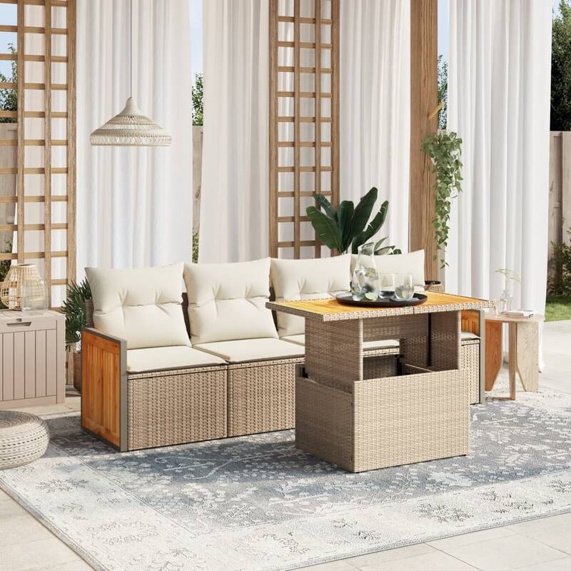 vidaXL Patio Sofa Set with Cushions Outdoor Furniture 5 Piece Poly Rattan - Beige and cream - 21.7 x 39.4 x 28.7 in