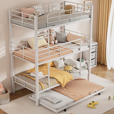 Space-Saving Metal Triple Twin Bunk Bed with Trundle, Guardrails, and Heavy Duty Steel Frame, Perfect for Large Families