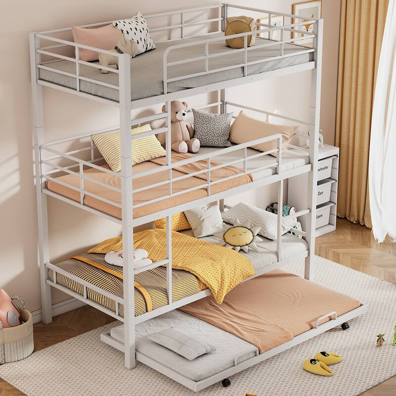 White Triple Bunk Bed with Trundle, Twin Size, Space-Saving Design - Antique White