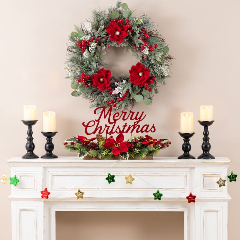Glitzhome Christmas Red Sleigh Frosted Boot Floral Metal Potted Tree Table Decor