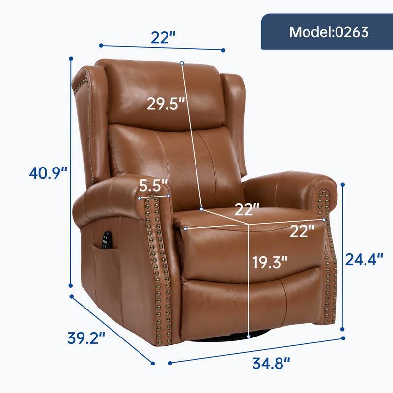 Genuine Leather Swivel Recliner Chair, Sofa Chair with Side Pockets, Manual Recliner Chair with Heat & Massage
