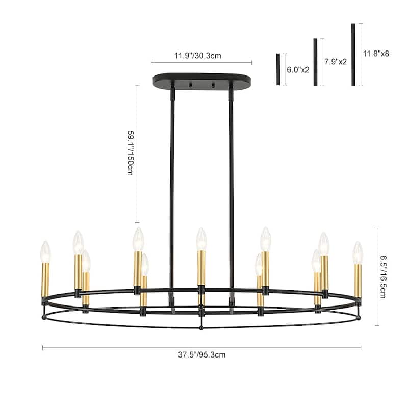 Black Brass 12-Light Large Oval Wheel Candle Style Island Chandelier - 37.5 Inches