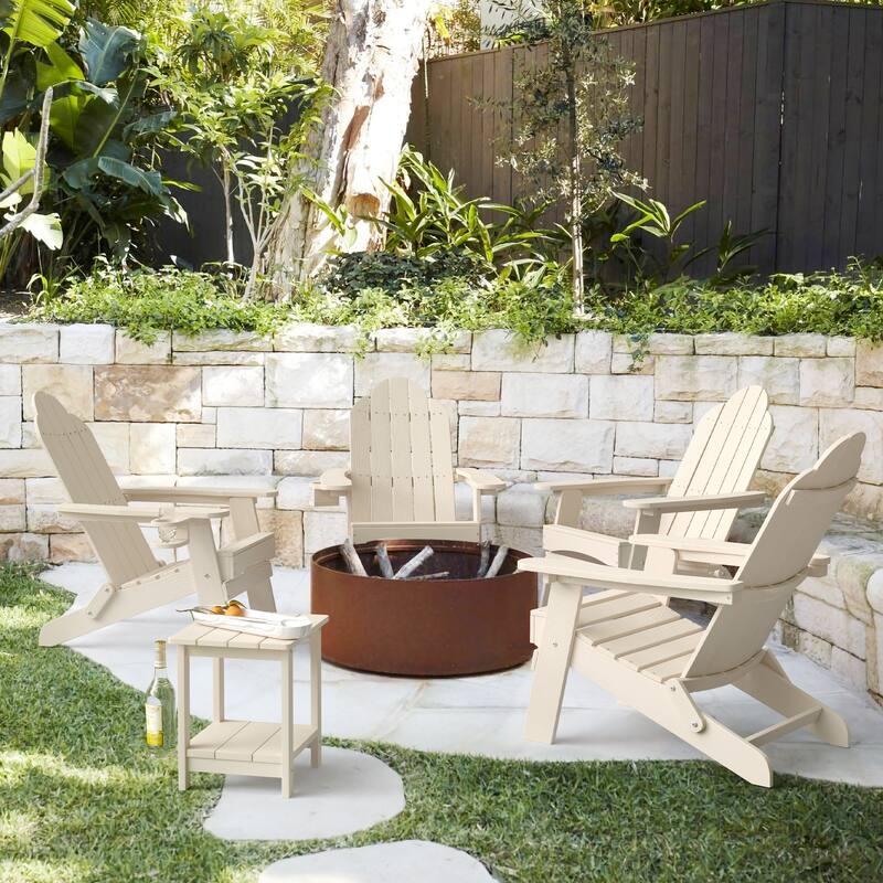 Foldable HDPS Plastic Weather Resistant Outdoor Patio Folding Adirondack Chairs With Cup Holder Set of 4 - 35"D x 30"W x 36.2"H - Sand