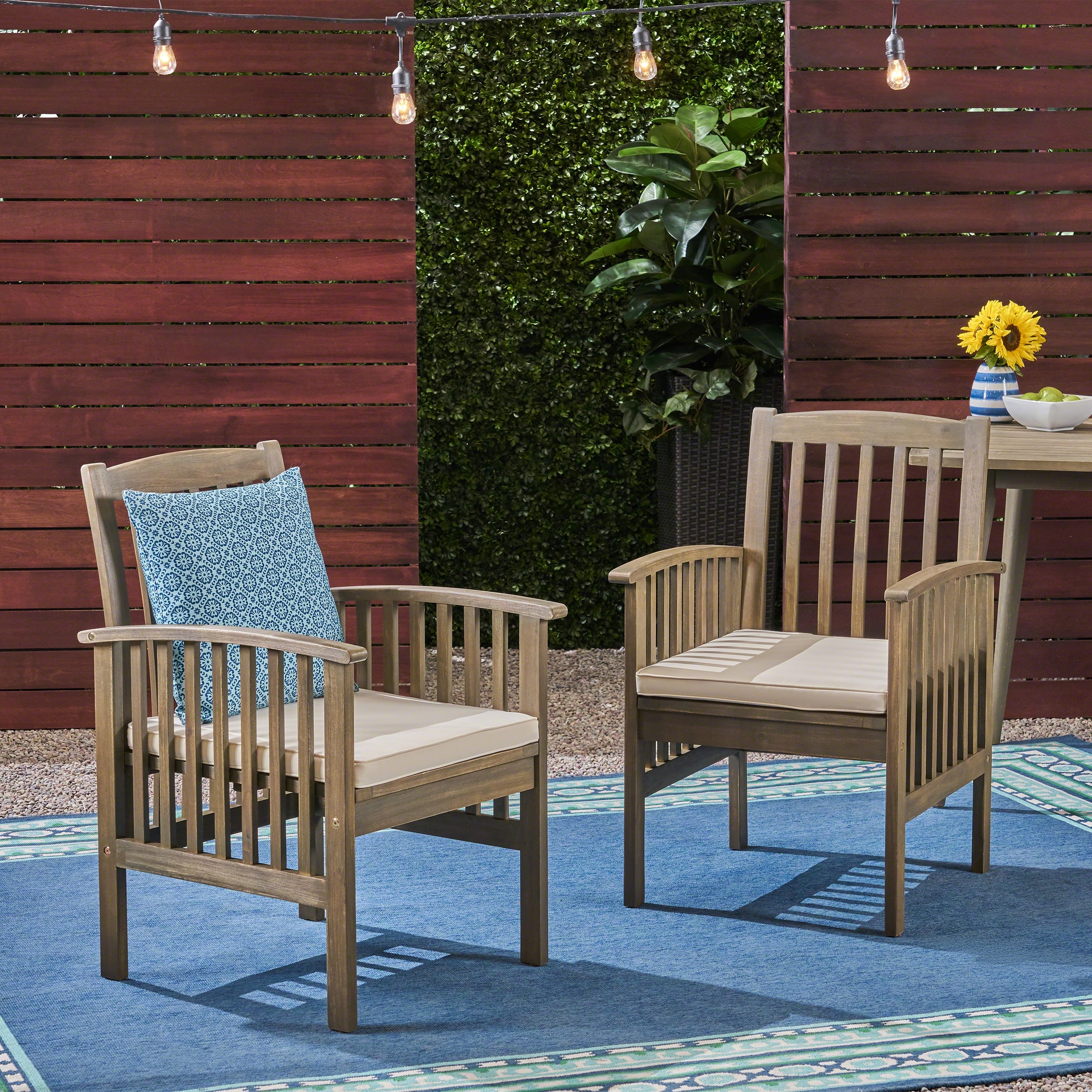 Outdoor Dining Chair Set of 2, 2PCS with 2 Cushions, acacia wood frame, ssembly are included.