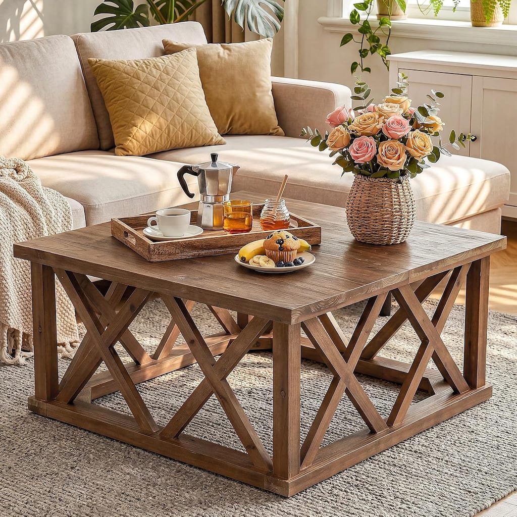Solid Wood Coffee Tables for Living Room, 39.4" Square Farmhouse Center Table with Reinforced X-Frame Base