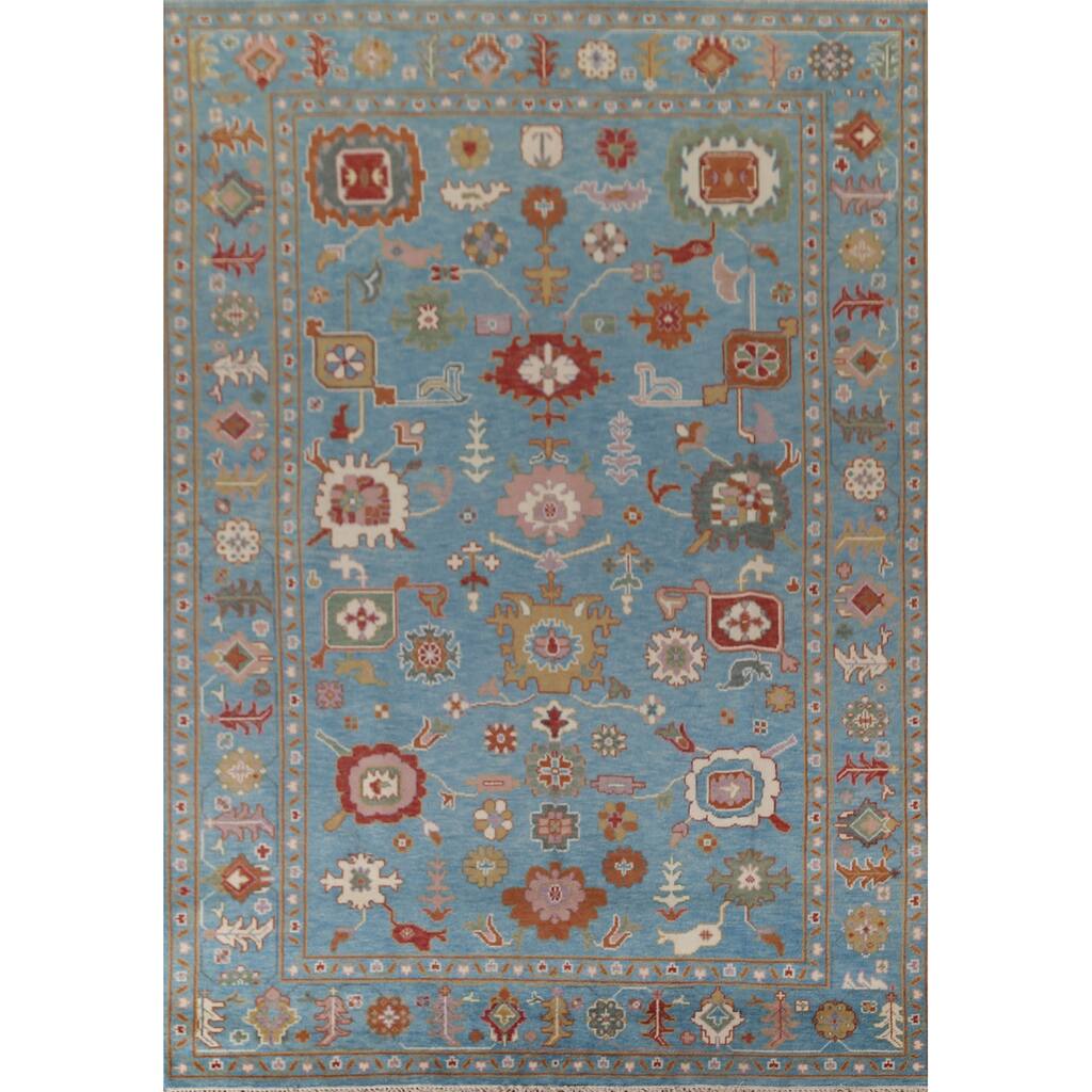 Blue Floral Oushak Area Rug Handmade Wool Carpet - 8'10"x 11'10"