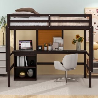Twin Size Loft Bed with Desk and Writing Board, Pine Wooden Bed with Desk, Kid's Bed with 2 Drawers Cabinet, Espresso