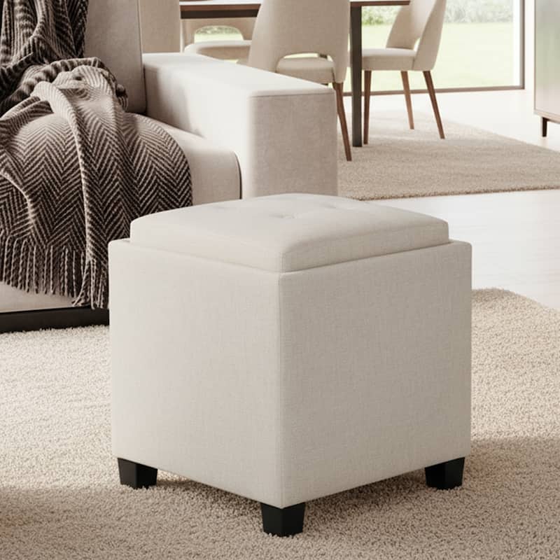 RENEWLINE ​18" Square Storage Ottoman with Tray - 250LBS Weight Capacity, Leather Upholstered Footstool for Living Room - 1 - Beige