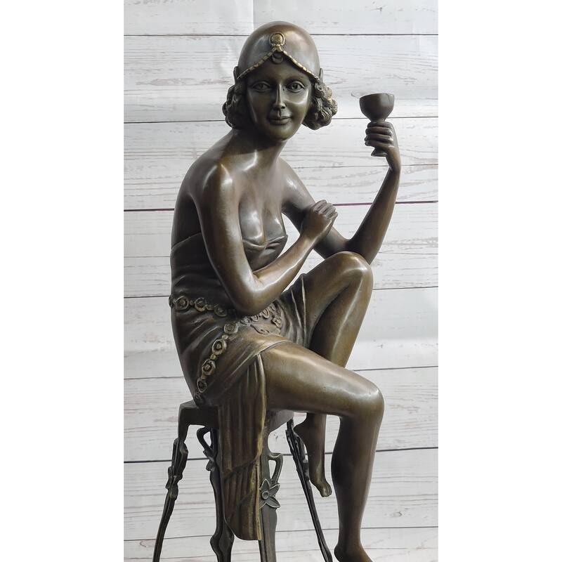 Art Deco Flapper Girl On Chair W/ Wine Champagne Gl Bronze Figure Sculpture 21.5 Inches X 6.5 Inches