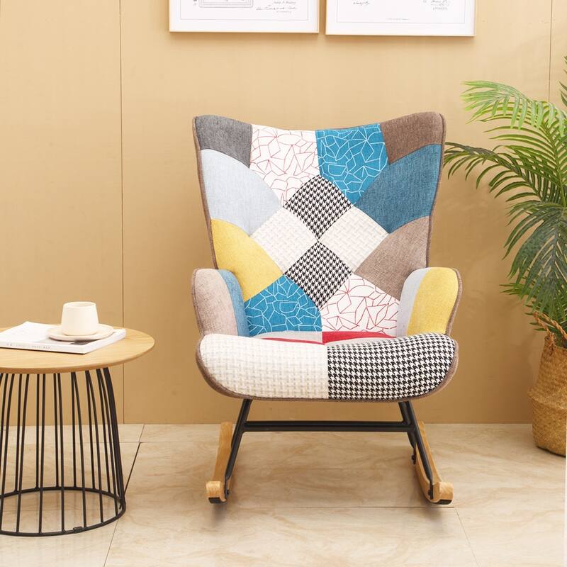 Modern Living Room Patchwork Linen Fabric Rocking Chair with Wood Legs