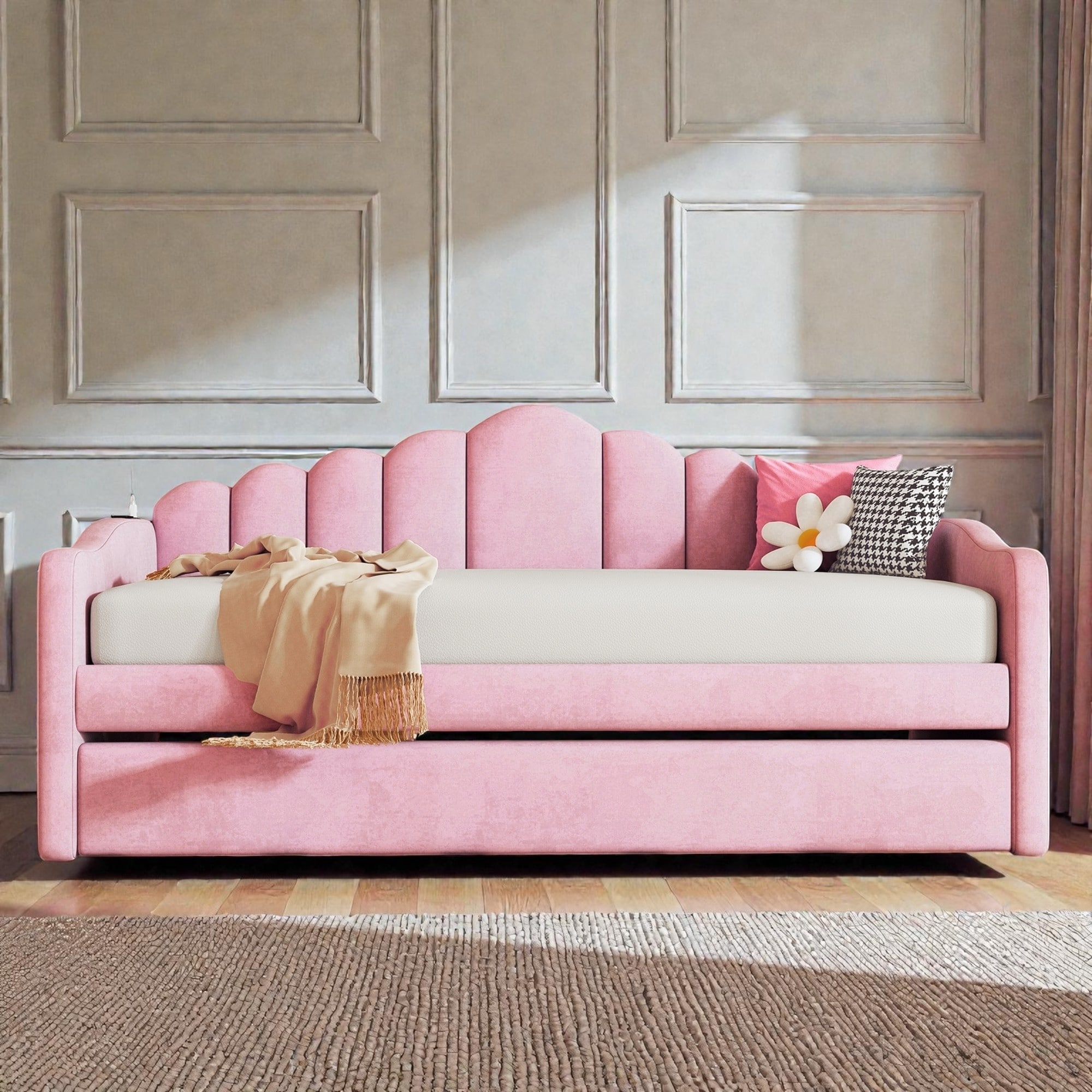 Twin Upholstered Daybed with Trundle, Velvet Sofa Bed with USB Charging Ports, Pull‑Out Guest Bed Frame with Armrests