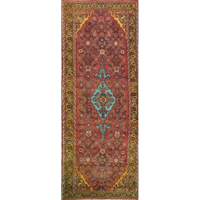 Hand Knotted Oriental 100% Wool Carpet Traditional Floral Oranges & Rust Hamedan Runner Rug - 10' 4'' X 3' 10''