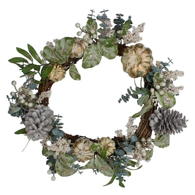 Neutral Colored Pumpkin Pine Cones Fall Harvest Wreath 18-Inch, Unlit
