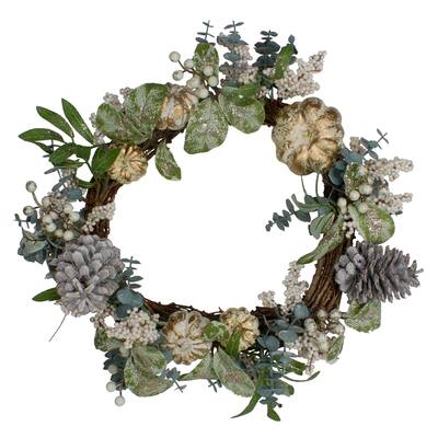 Neutral Colored Pumpkin and Pine Cones Fall Harvest Wreath - 18-Inch Unlit - 18"