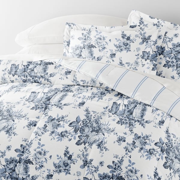 7pc Pattern Reversible Comforter Bundle - Cabbage Rose Stripe - Queen