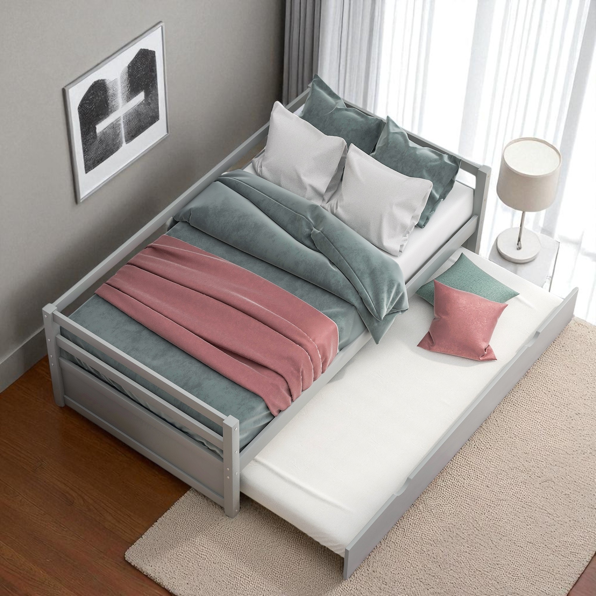 Twin Size Wood Daybed with Pull-Out Trundle, Sofa Bed Frame with Slats, Space-Saving Guest Bed