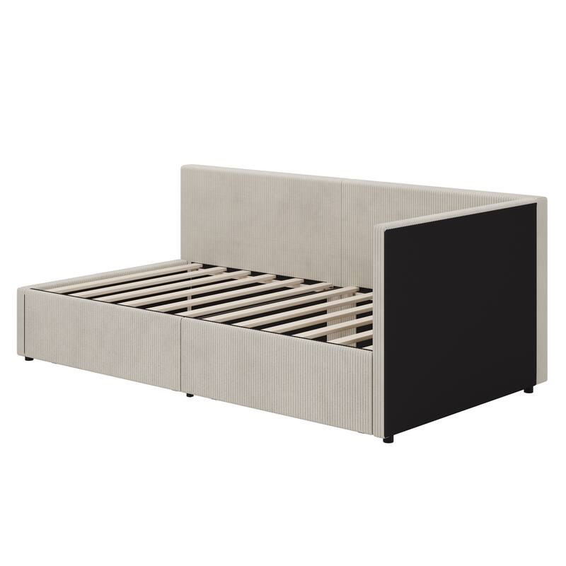 Vertical Striped Corduroy Upholstered Frame Daybed with 2 Storage Drawers, Twin Size Corner Sofa Bed Frame, L Shape Captain Bed