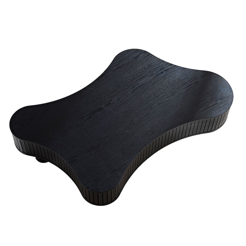 Modern Irregular Shaped Coffee Table Compact Wooden Accent Table with Side Vertical Stripe Fluted Decor and Wood Grain Surface