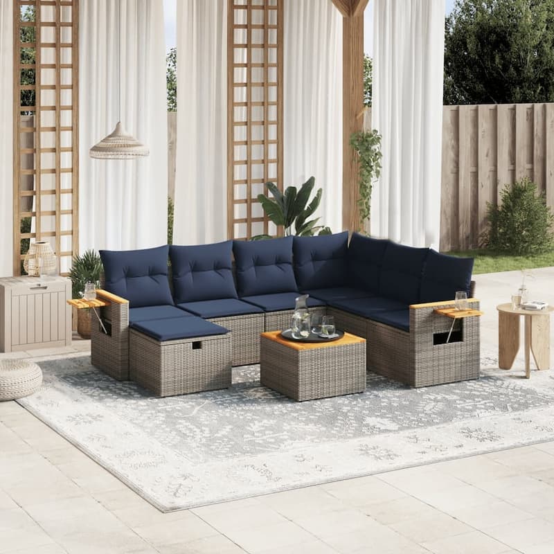 vidaXL Patio Sofa Set with Cushions Outdoor Conversation Furniture Poly Rattan - 24.4" x 24.4" x 27.2" - Gray and blue with table