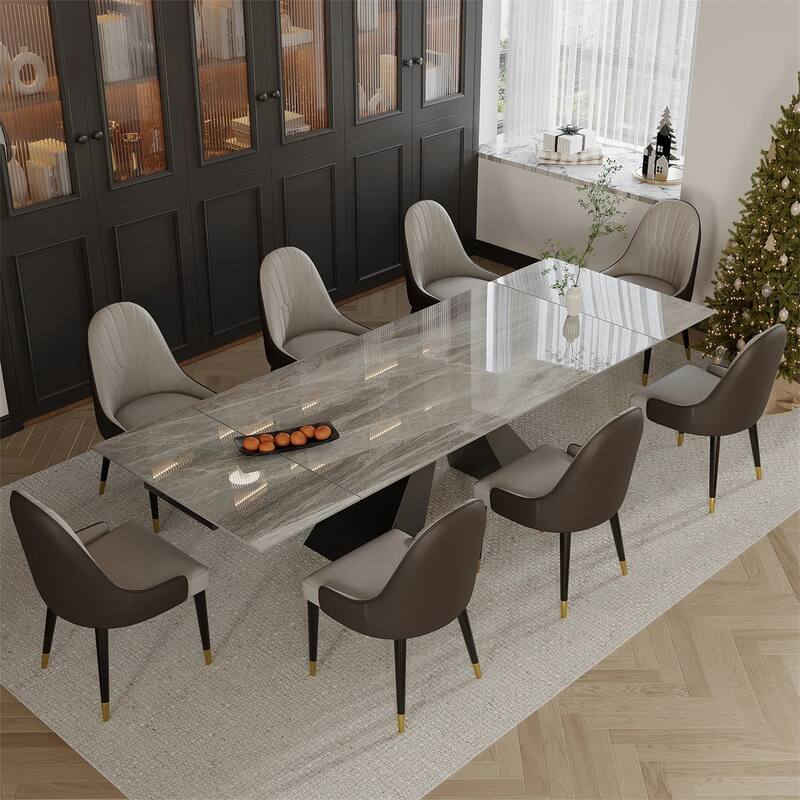9 - Piece 110.24'' Extendable Sintered Stone Dining Table and 8 Leather Chairs Dining Set