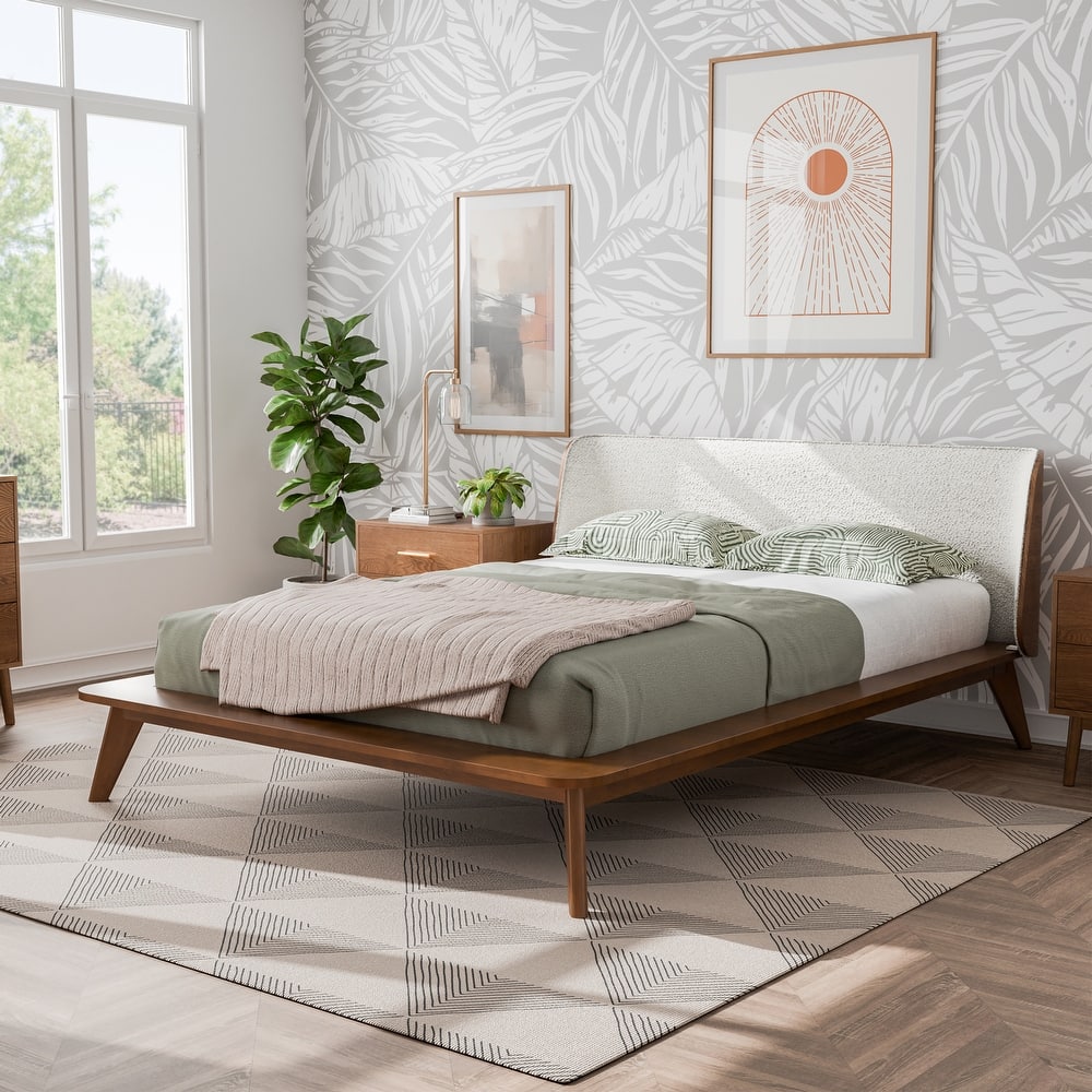 Furniture of America Beau Midcentury Boucle Wingback Low Profile Platform Bed