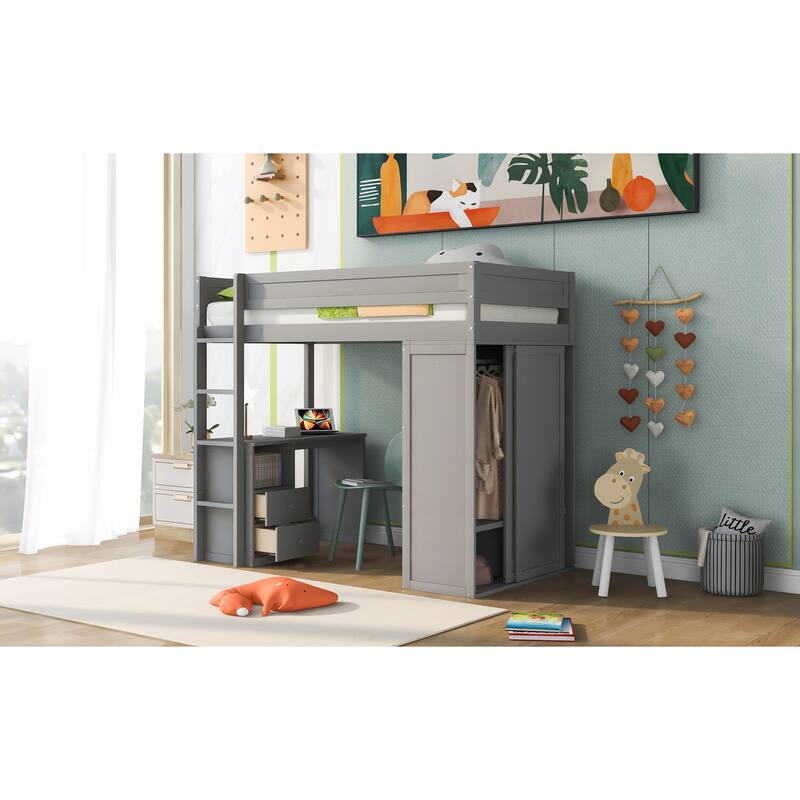 Gray Twin Loft Bed with Wardrobe, Desk & Storage - Space Saving Furniture