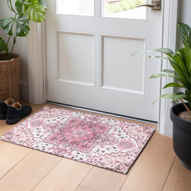Machine Washable Indoor/ Outdoor Persian Traditional Chantille Rug - Pink - 1'8" x 2'6"