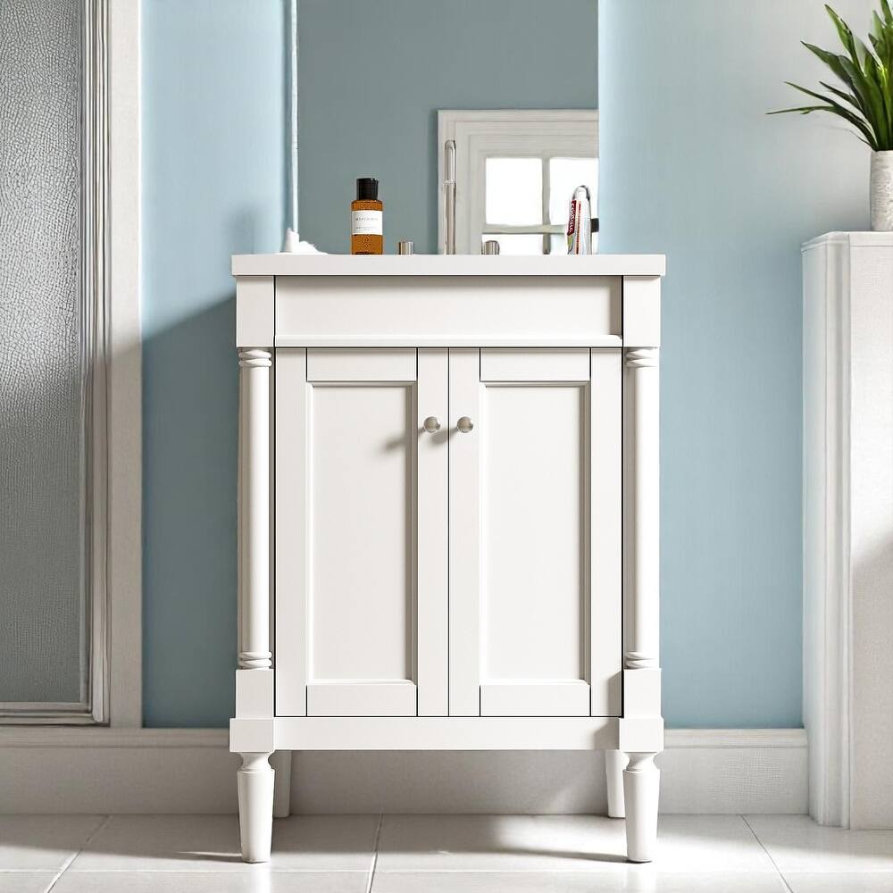 24 Inch Freestanding Bathroom Vanity with Sink, 2-Tier Enclosed Storage Shelves, Drop-in Ceramic Top
