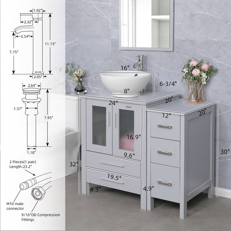 36" Bathroom Vanity Sink Gray Set with Side Cabinet Vessel Sink Faucet Combo