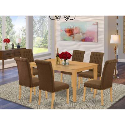 HomeStock 7-Piece Rectangle Natural Oak Finish Solid Wood Top Dining Table with 6-Parson Chairs with Lattice Back