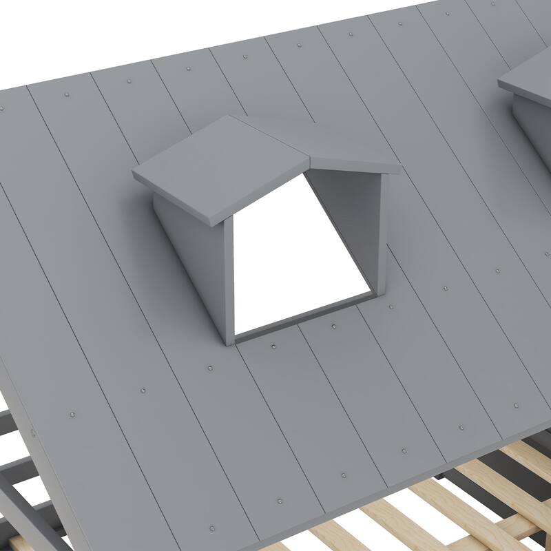 House Bed Wood Low Loft Bed House-shape Frame Bed with 2 Roof Skylights, Kids Storage Bed with 4 Drawers, Guardrail and Stairs
