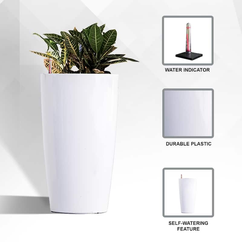 XBrand 21" H Plastic Self Watering Indoor Outdoor Tall Round Planter Pot w/Glossy Finish, Decorative Gardening Pot