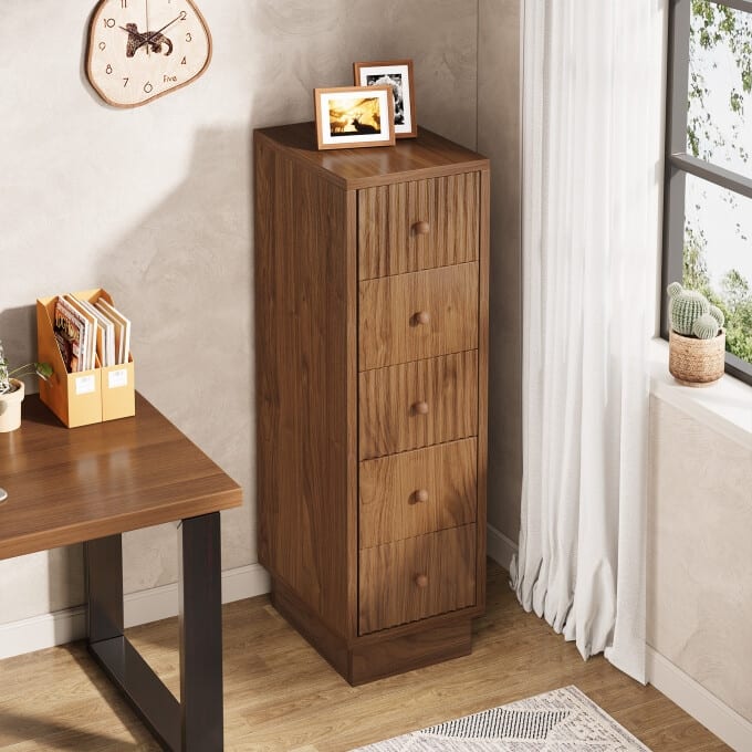 39.4" Tall Narrow Dresser Chest, Rustic 5-Drawer Storage Cabinet