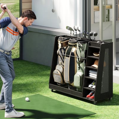 Moasis Wooden Golf Bag Organizer with Wheels for 2 or 3 Bags and Accessories Storage