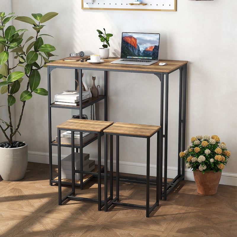 3-Piece Bar Height Table and Stools Set Metal Frame MDF Top with Side Storage for Kitchen - 44" x 24" x 44"(L x W x H)